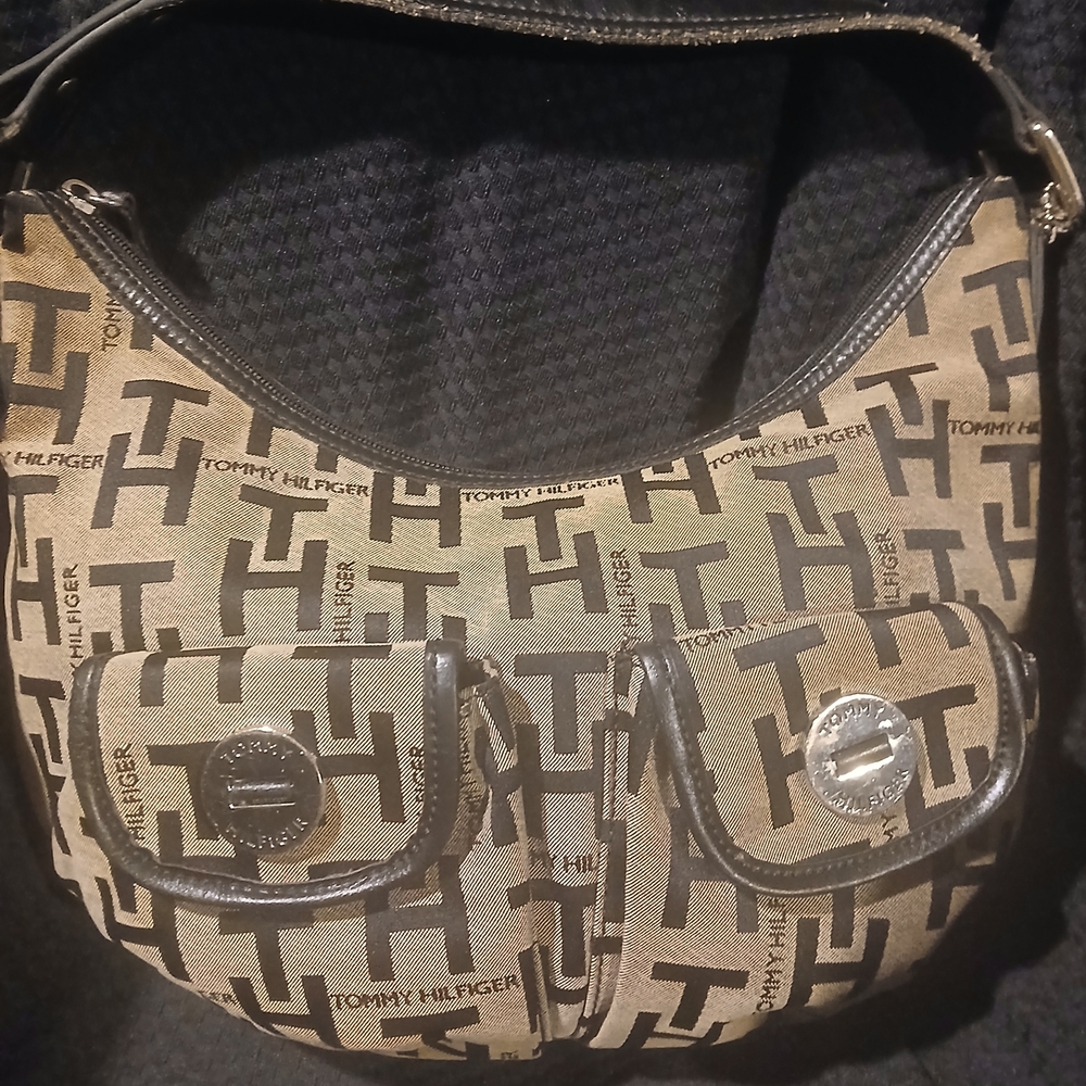 Tommy Hilfiger Monogram Hobo Bag in Brown and Black